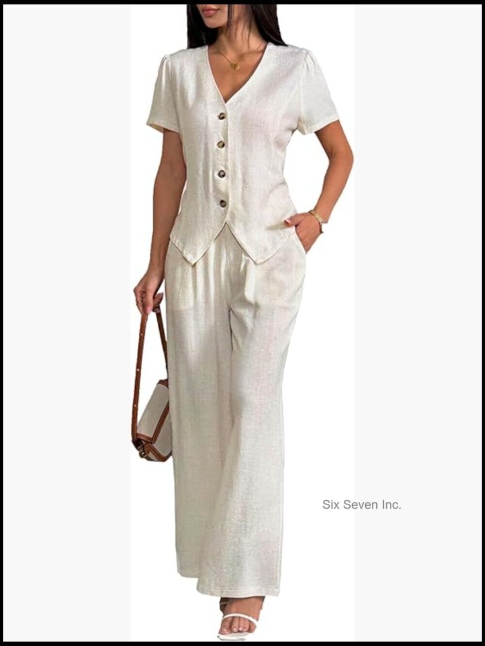 Linen Blend 2 Piece Short Sleeve V Neck Top Wide Leg Pant Suit Set